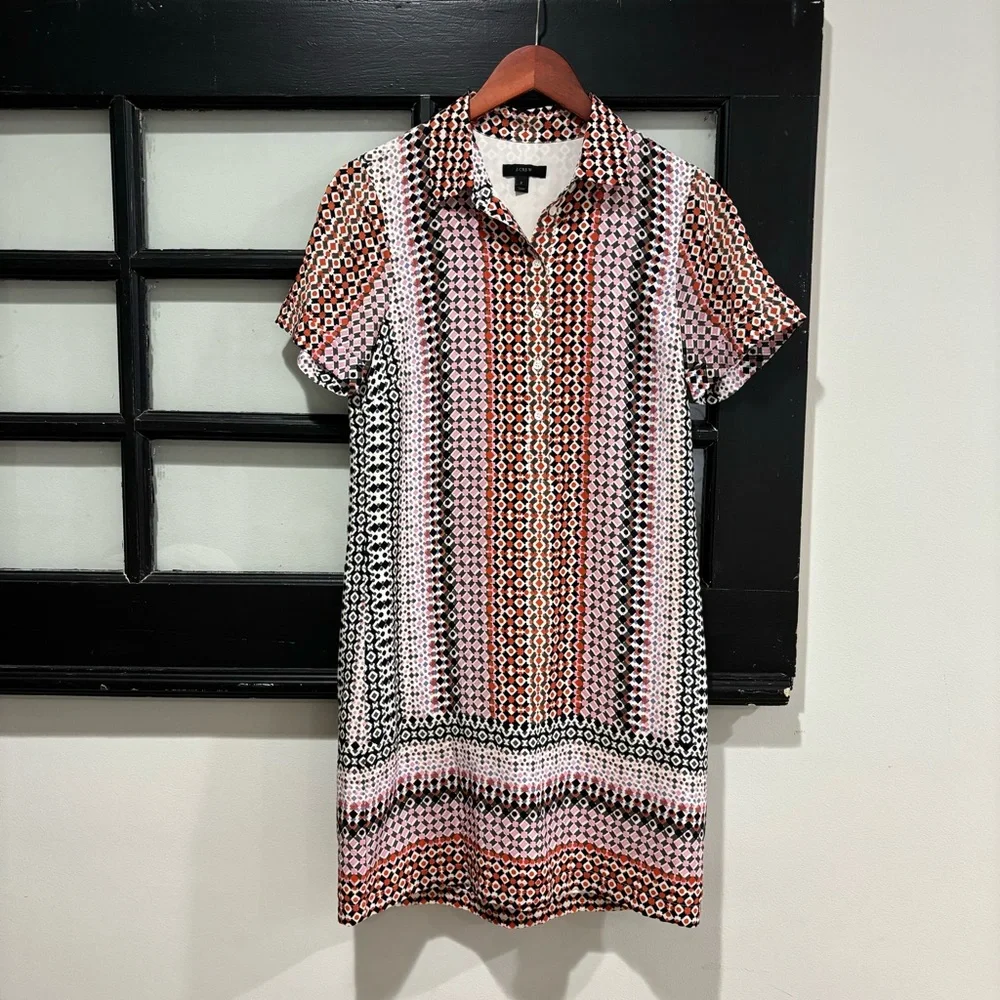 J. Crew Silk Shirt Dress Multicolor Geometric Print Career Casual Resort Size 2